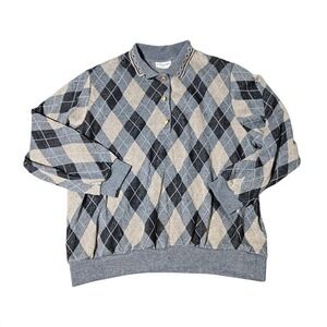 Vintage Alfred Dunner Argyle Polo Top Womens 2X‎ Grey Black Tan Long Sleeve 80s